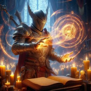 Armored mage conjuring glowing runes and magical energy above an ancient tome