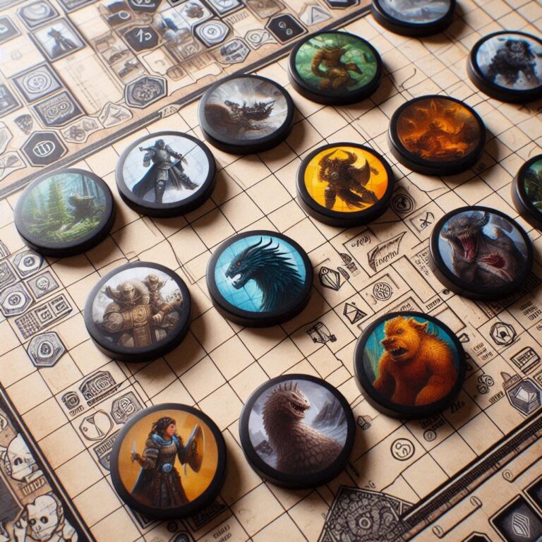 Custom tabletop RPG tokens arranged on a detailed grid battle map