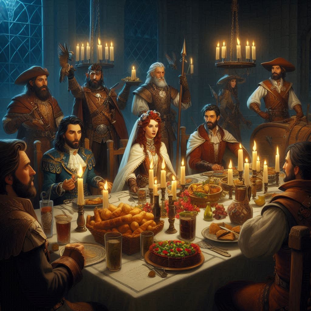 A Dungeons & Dragons party dining with Lady Morwen Daggerford before meeting the Vistani around a magical green fire.
