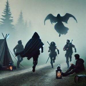 A fog-covered forest road leading toward tall iron gates in the distance.