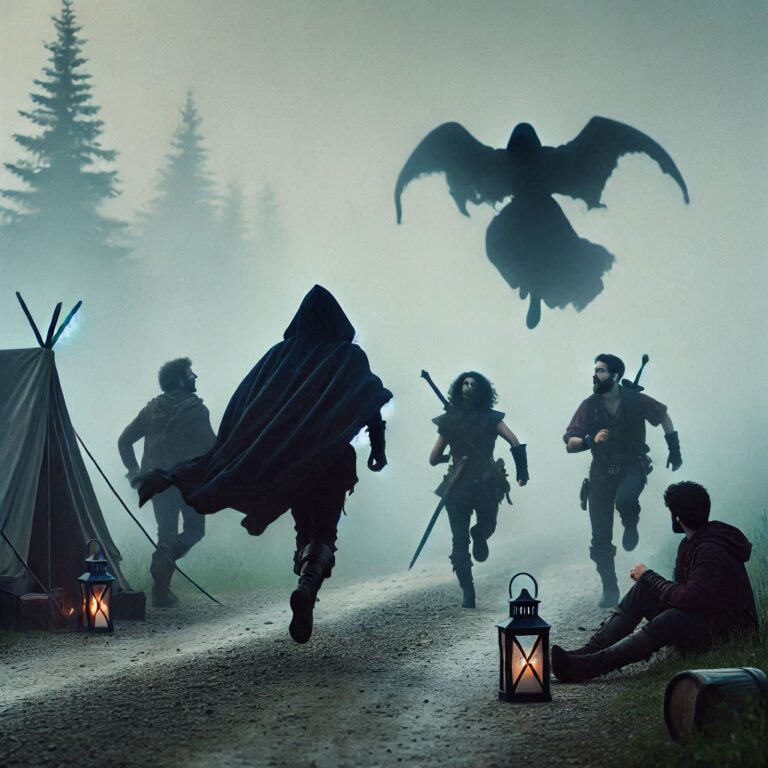 A fog-covered forest road leading toward tall iron gates in the distance.