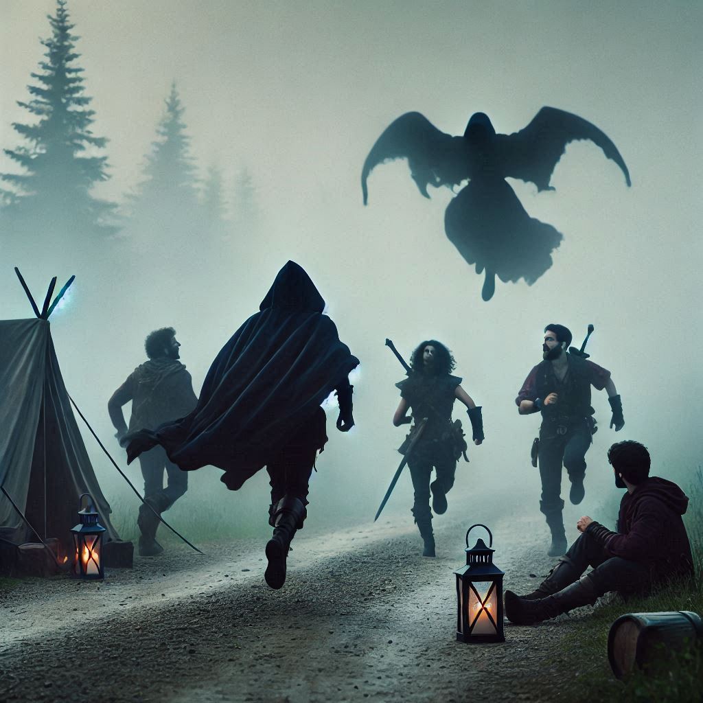 A fog-covered forest road leading toward tall iron gates in the distance.