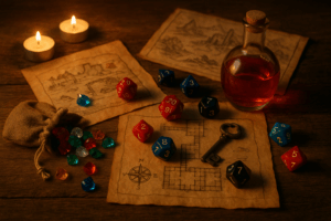 A cozy Dungeons & Dragons table covered with DIY props — candles, parchment maps, plastic gems, potion bottles, and dice — arranged under warm lamplight.