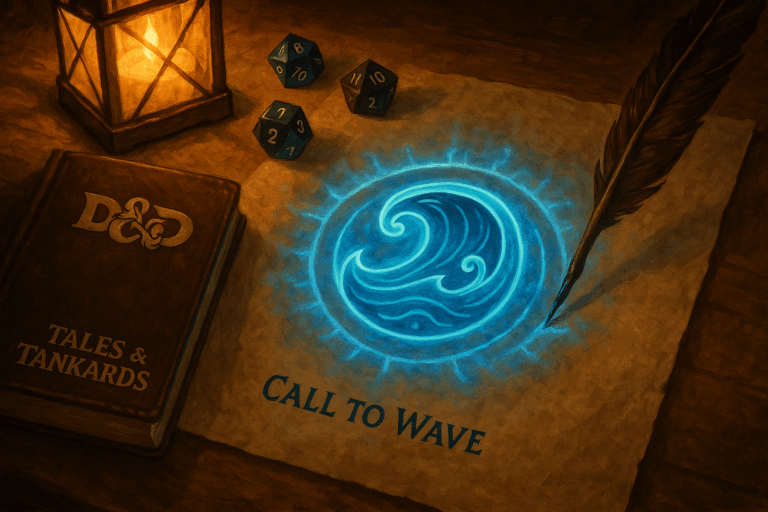 A fantasy tabletop scene with dice, a quill, and a magical wave-themed emblem illustrating how to create a homebrew feat on D&D Beyond.