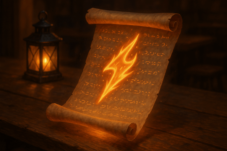 A magical scroll forming a fire bolt spell above a wooden tavern table.