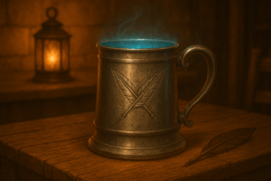 A polished pewter tankard engraved with crossed quills glowing faintly with magic on a tavern table.