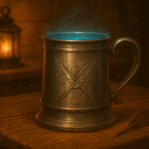A polished pewter tankard engraved with crossed quills glowing faintly with magic on a tavern table.
