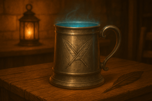 A polished pewter tankard engraved with crossed quills glowing faintly with magic on a tavern table.