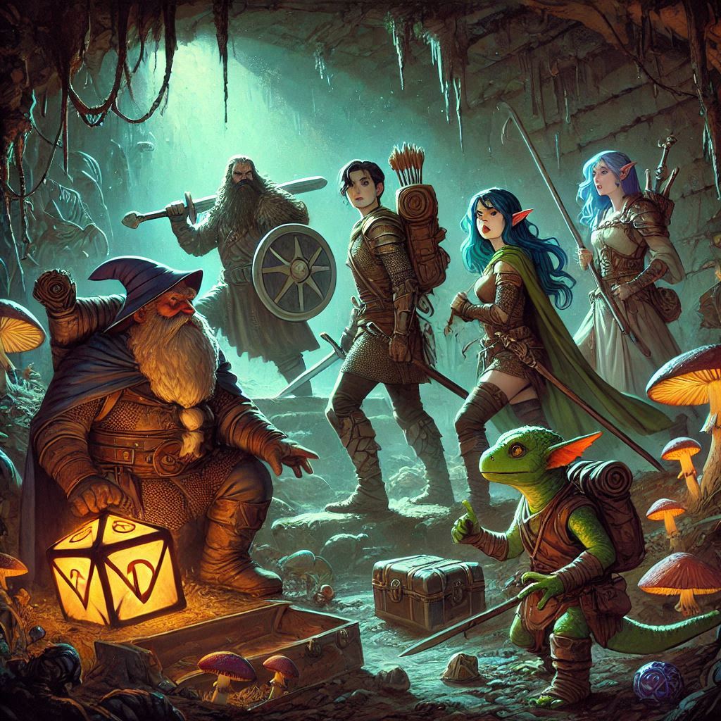 A Dungeons & Dragons party dining with Lady Morwen Daggerford before meeting the Vistani around a magical green fire.