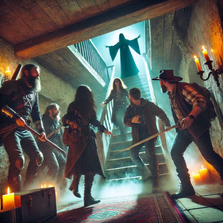 Shadowy gothic dungeon chamber with a statue holding a crystal orb, shadows emerging from the walls, and undead rising from the floor.