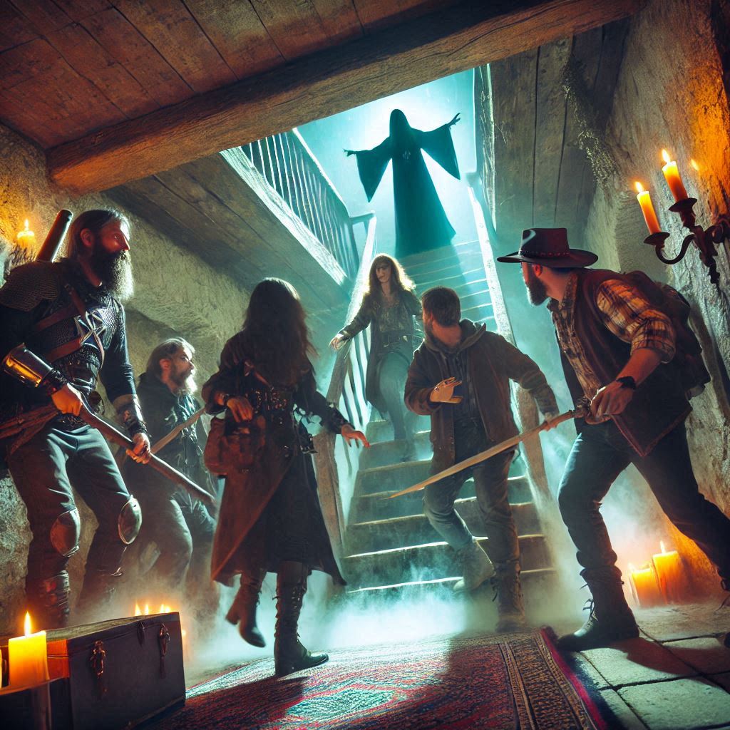 Shadowy gothic dungeon chamber with a statue holding a crystal orb, shadows emerging from the walls, and undead rising from the floor.