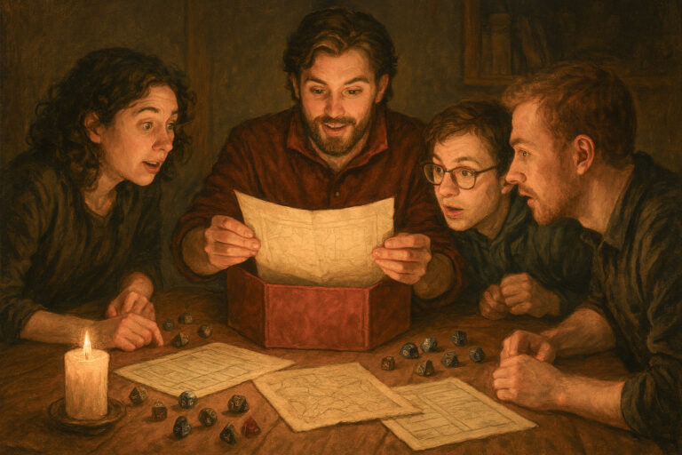 A Dungeon Master unveils a new map to excited players around a candlelit D&D table covered with dice and parchment.