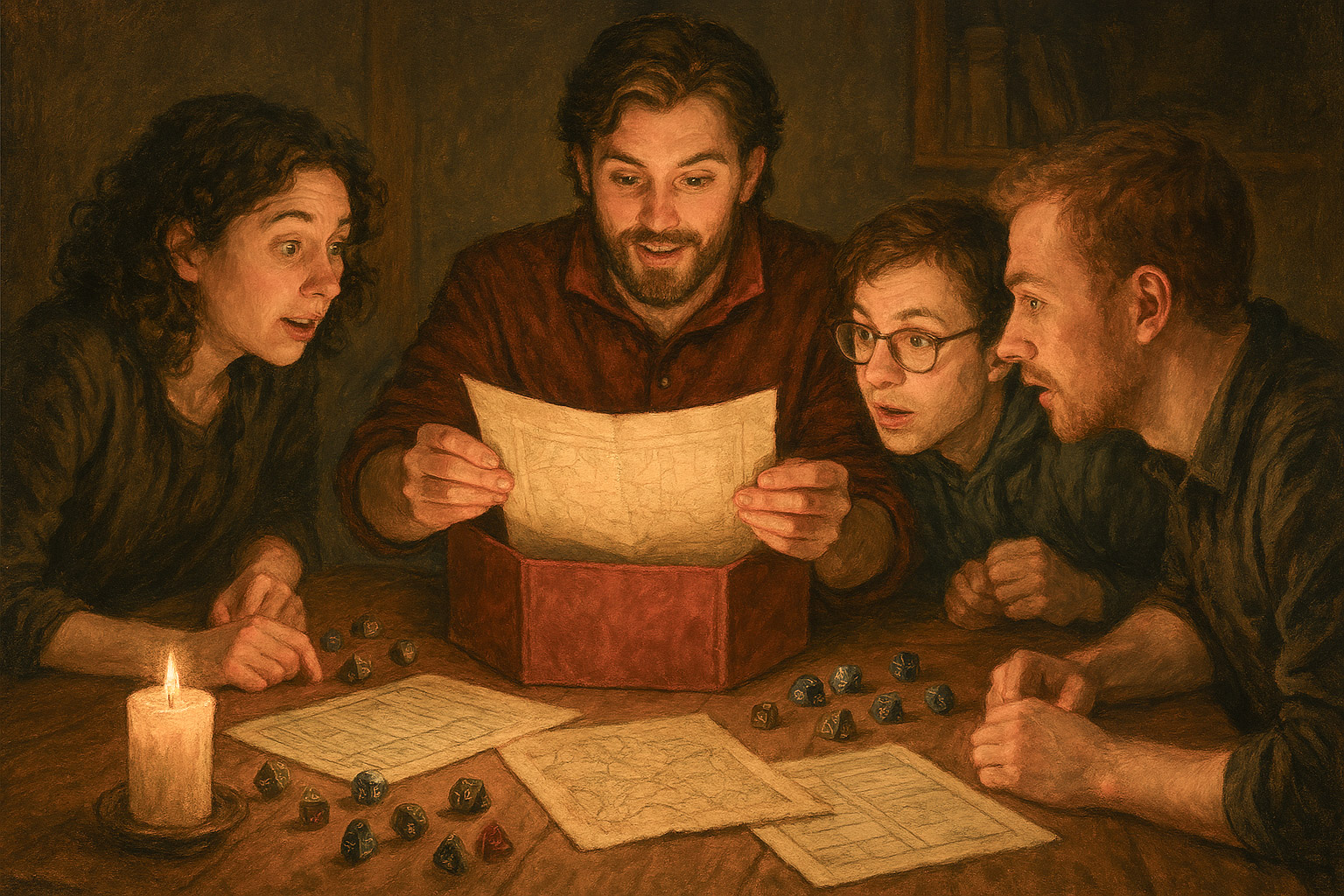 A Dungeons & Dragons party dining with Lady Morwen Daggerford before meeting the Vistani around a magical green fire.