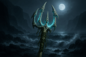 A kelp-wrapped fantasy trident made from sea-giant bone, with glowing blue-green runes and barnacle-covered tines.