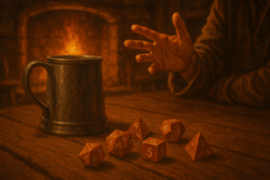 A warm tavern table with dice and a tankard by the hearth.