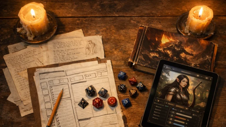 A Dungeon Master’s table with character notes, dice, and a character sheet, representing D&D character creation using the 2024 ruleset.
