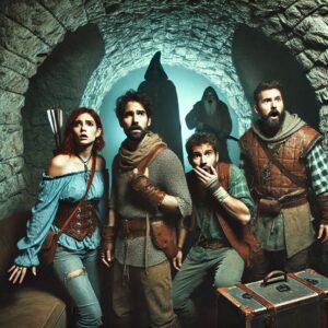 A rotting mound rises in a candlelit ritual chamber as a party of adventurers prepare to fight.