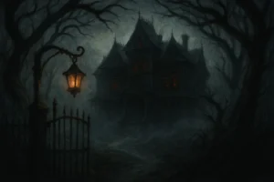 Illustration of Durst Manor rising from the fog with dim red light in the windows.