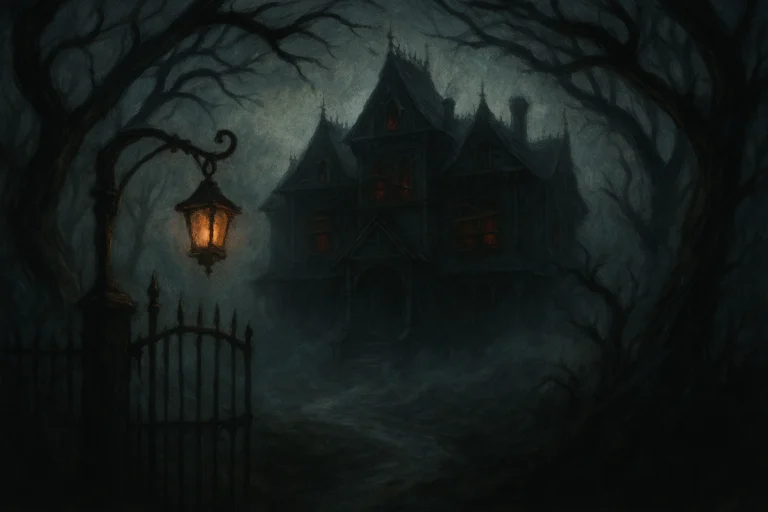 Illustration of Durst Manor rising from the fog with dim red light in the windows.