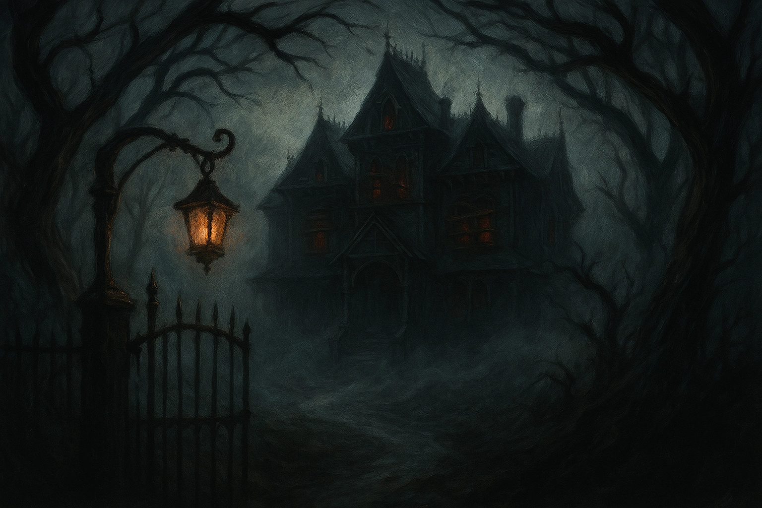 Illustration of Durst Manor rising from the fog with dim red light in the windows.