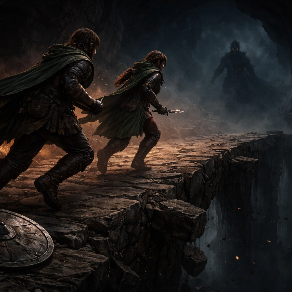 Adventurers retreat across a crumbling stone bridge in a cavern, fleeing a looming threat in the shadows