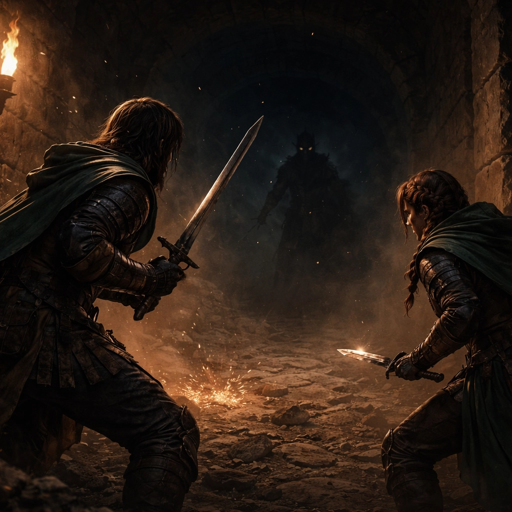 Adventurers clash in a narrow torchlit stone corridor, capturing the tense turning point of a D&D combat encounter