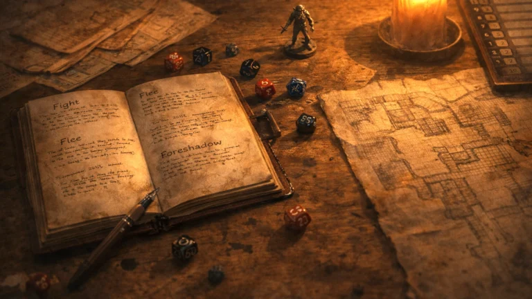 Dungeon Master encounter planning notes showing fight, flee, and foreshadow pacing concepts on a tabletop RPG preparation table