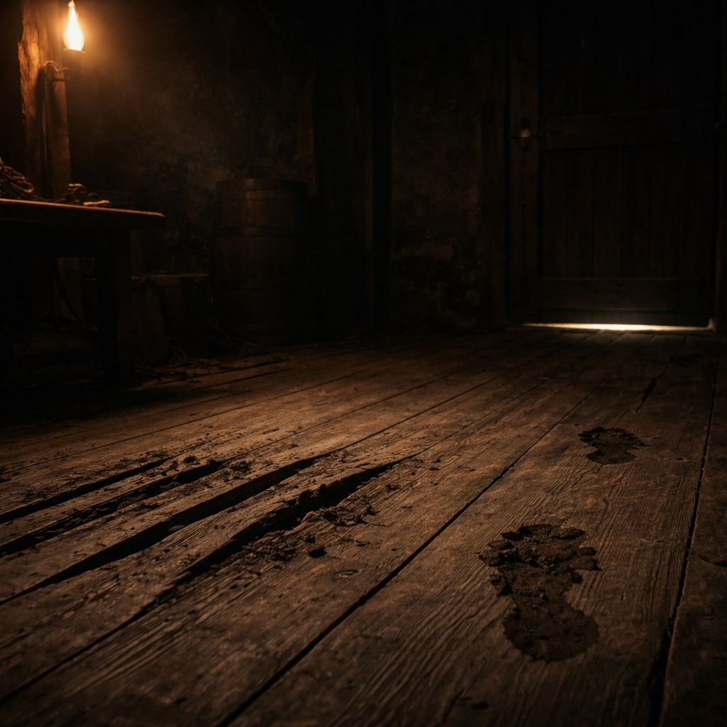 Torchlit room with claw marks and a muddy footprint leading into darkness, hinting at unseen danger