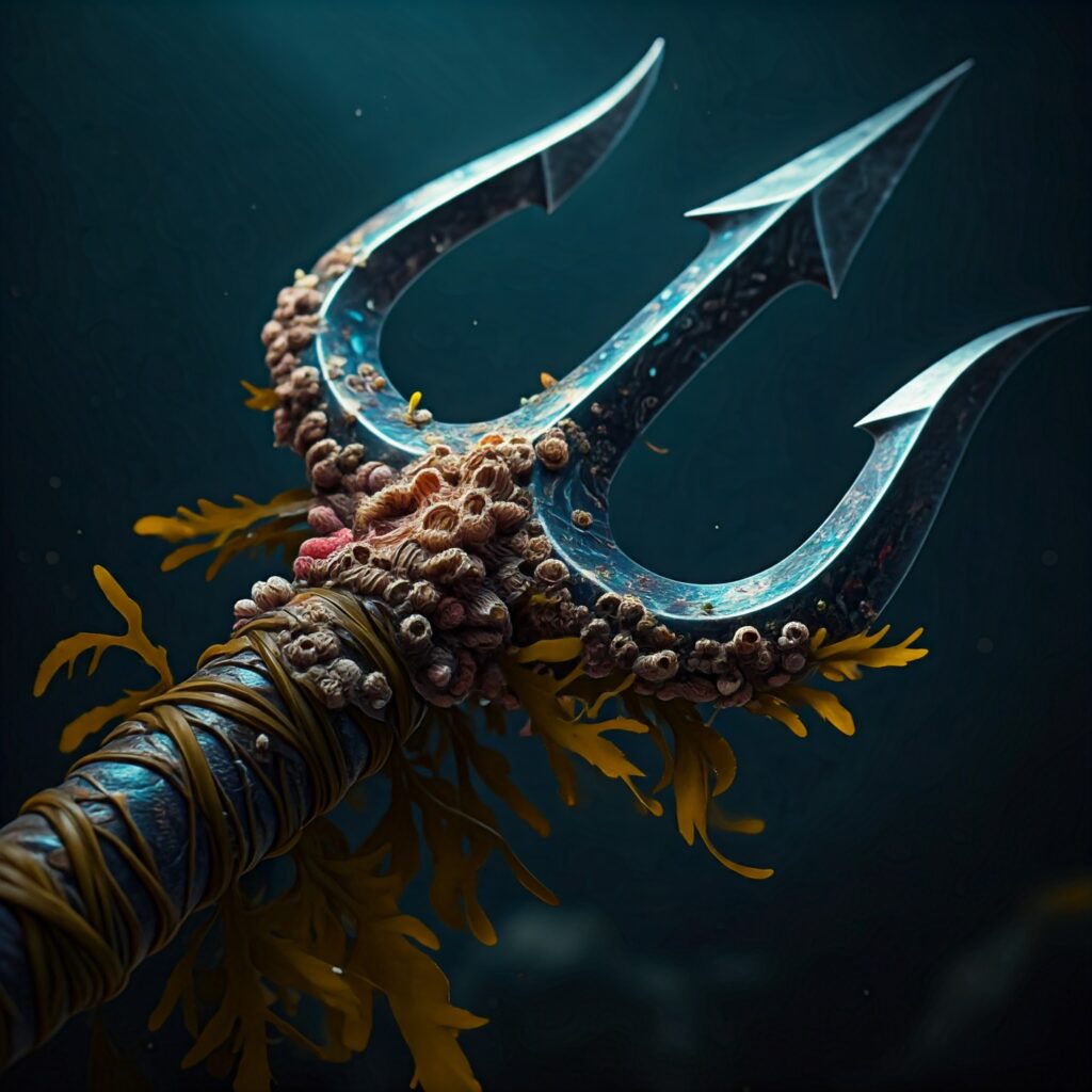 A kelp-wrapped fantasy trident made from sea-giant bone, with glowing blue-green runes and barnacle-covered tines.