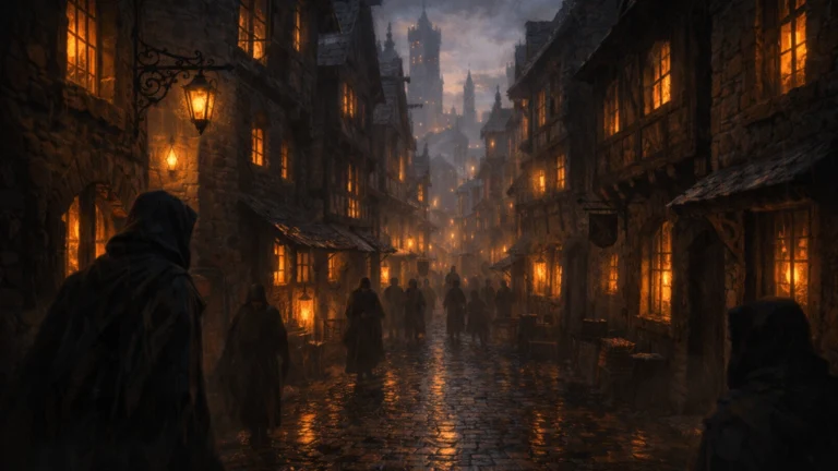 A moody fantasy street in Waterdeep representing a remixed Dragon Heist campaign
