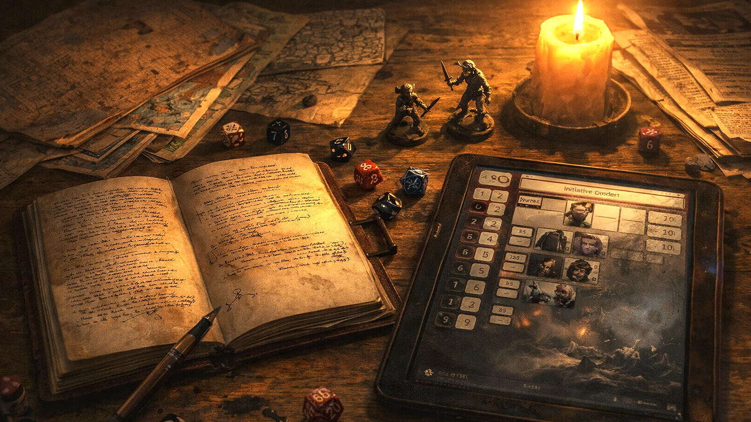 A DM prep table with encounter notes, dice, minis, a map, and a fantasy encounter tracker on a screen in warm candlelight.