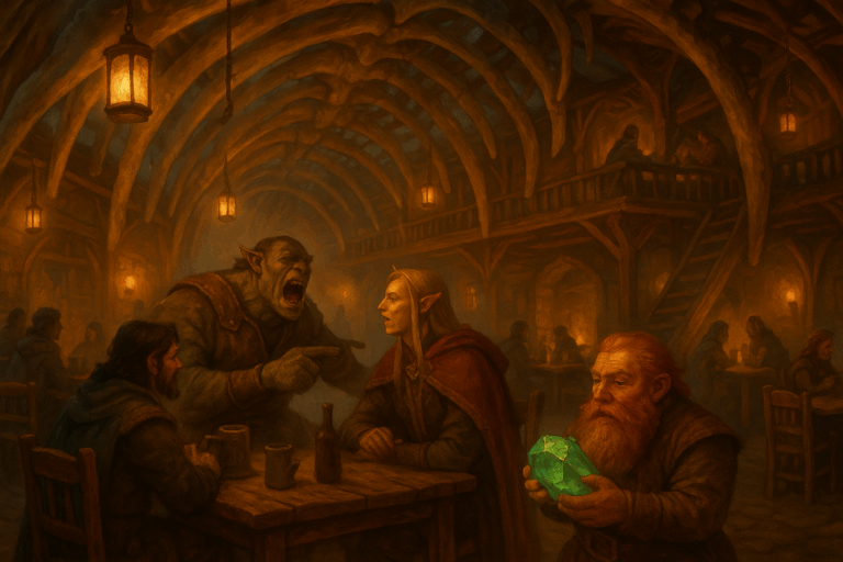 A lively fantasy tavern inside a giant sea creature’s ribcage, featuring an orc shouting at an eladrin as Gundren Rockseeker enters holding an emerald.