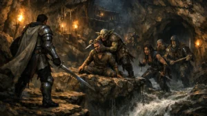 Paladin confronts a goblin threatening a hostage over a rocky drop inside a torchlit cavern.