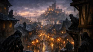 A moody illustration of Waterdeep at dusk showing lantern-lit streets and shadowy figures representing rival factions