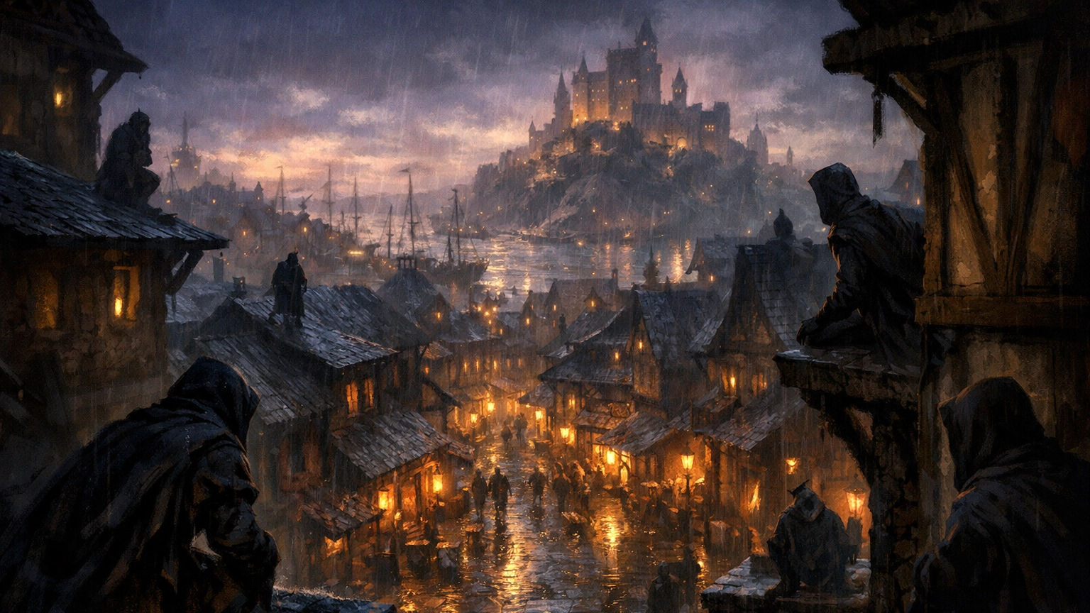 A moody illustration of Waterdeep at dusk showing lantern-lit streets and shadowy figures representing rival factions