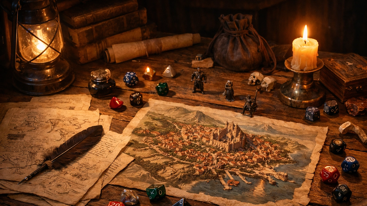 A cinematic view of a Dungeon Master’s workspace, symbolizing the behind-the-screen design decisions and campaign philosophy explored in Tales & Tankards.