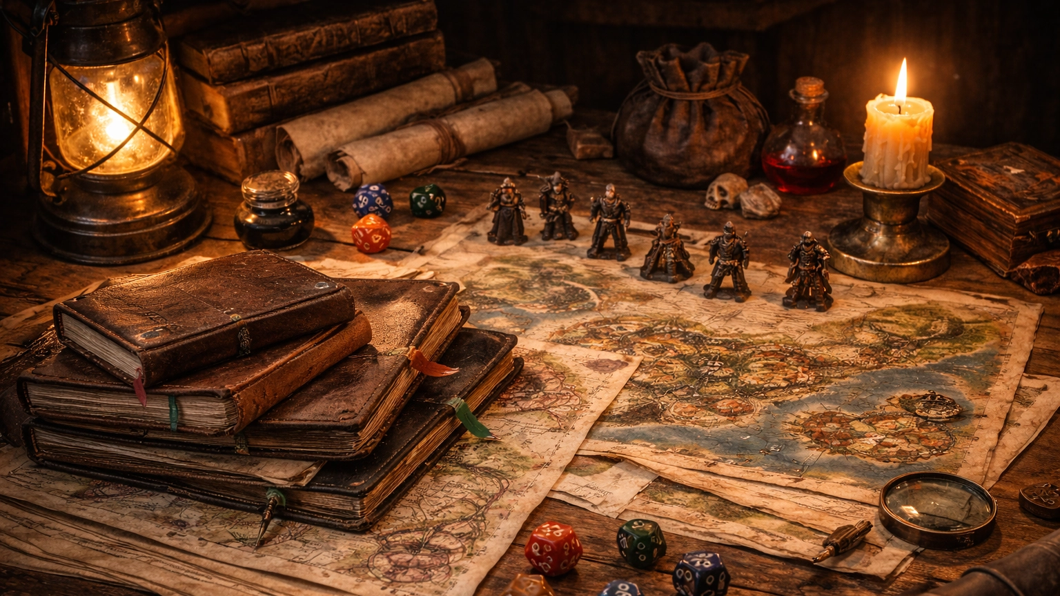A tabletop roleplaying game setup showing maps, journals, dice, and miniatures representing multiple Dungeons & Dragons campaigns.