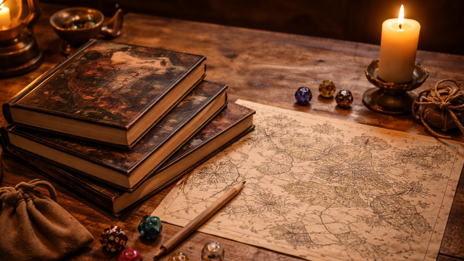 An empty Dungeon Master’s chair at a tabletop RPG table, surrounded by dice and notes, symbolizing the start of a new DM’s journey.