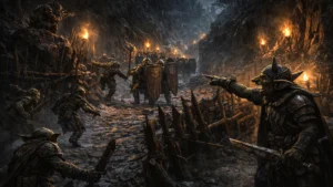 A goblin warband with distinct combat roles prepares a coordinated ambush in a forest ravine.