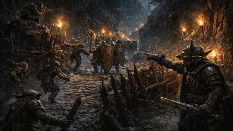 A goblin warband with distinct combat roles prepares a coordinated ambush in a forest ravine.