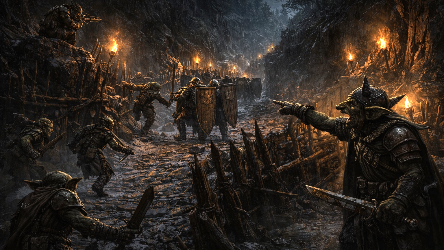 A goblin warband with distinct combat roles prepares a coordinated ambush in a forest ravine.