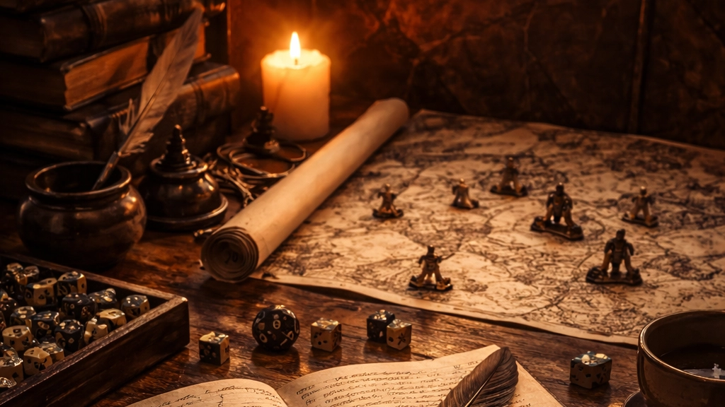 Dungeon Master preparation table with notes, maps, and dice representing behind-the-screen DM advice.