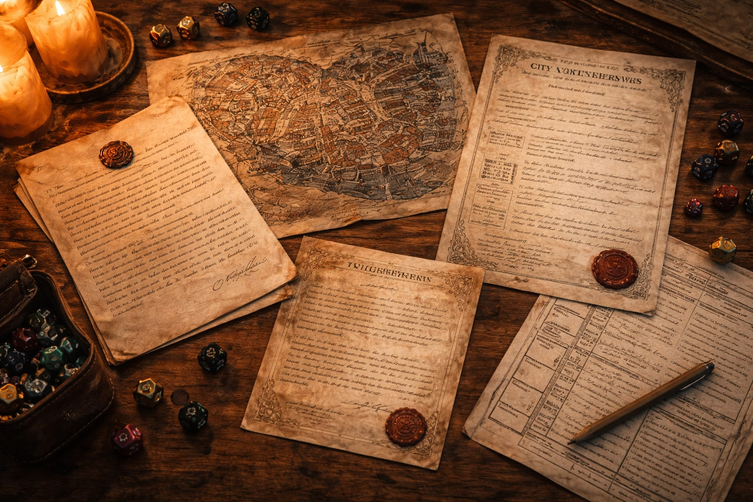 A collection of physical D&D table handouts including letters, forms, maps, and documents used during a tabletop roleplaying game.