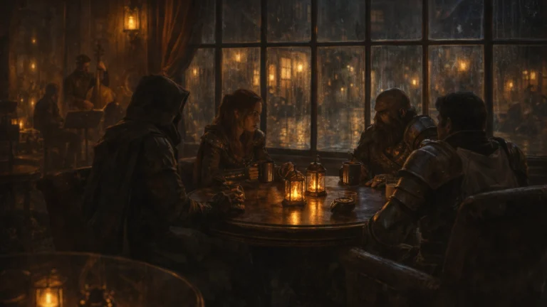 Adventurers meeting quietly in a refined Dock Ward lounge in Waterdeep during a Dragon Heist investigation