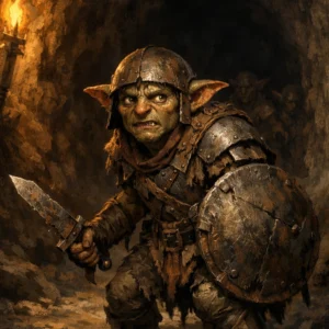 A goblin recruit in mismatched armor stands nervously at the edge of a torchlit tunnel, ready to face danger.