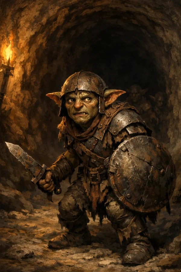 A goblin recruit in mismatched armor stands nervously at the edge of a torchlit tunnel, ready to face danger.