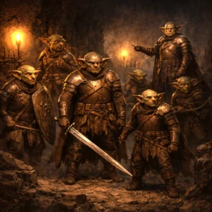 A coordinated goblin warband featuring multiple goblin roles including recruits, guards, leaders, and a captain