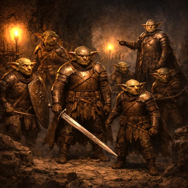 A coordinated goblin warband featuring multiple goblin roles including recruits, guards, leaders, and a captain