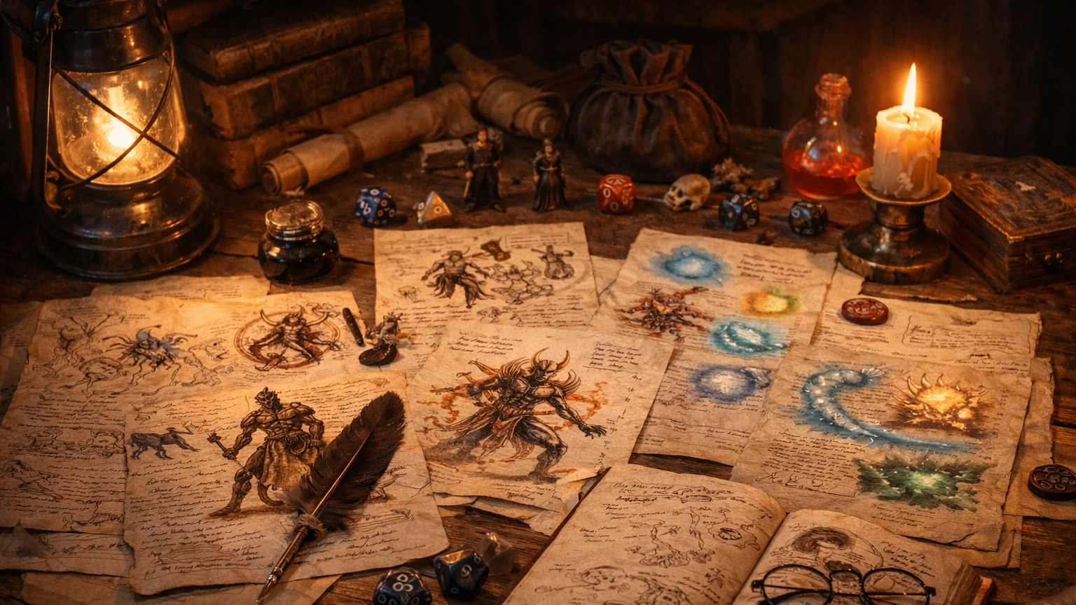 Dungeon Master designing D&D homebrew content with monster notes, spell ideas, and dice on a tabletop workspace