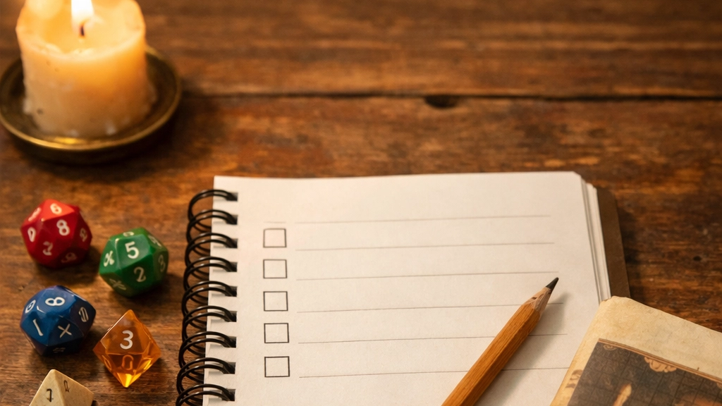Dungeon Master prep checklist, dice, and notebook on a candlelit table